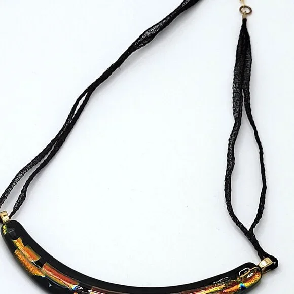 Curved Dichroic Fused Glass Pendant Gauze Double Strand Necklace 17" Signed TB - Picture 4 of 12